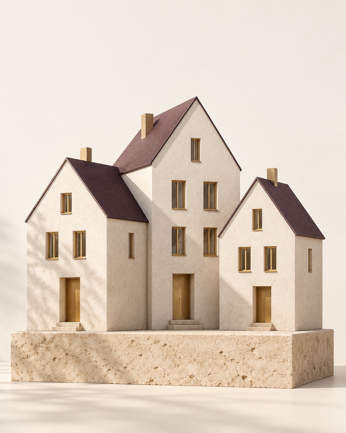 Architektonisches Stillleben aus drei hellen Modellhäusern mit pflaumenfarbenen Dächern und goldenen Türen